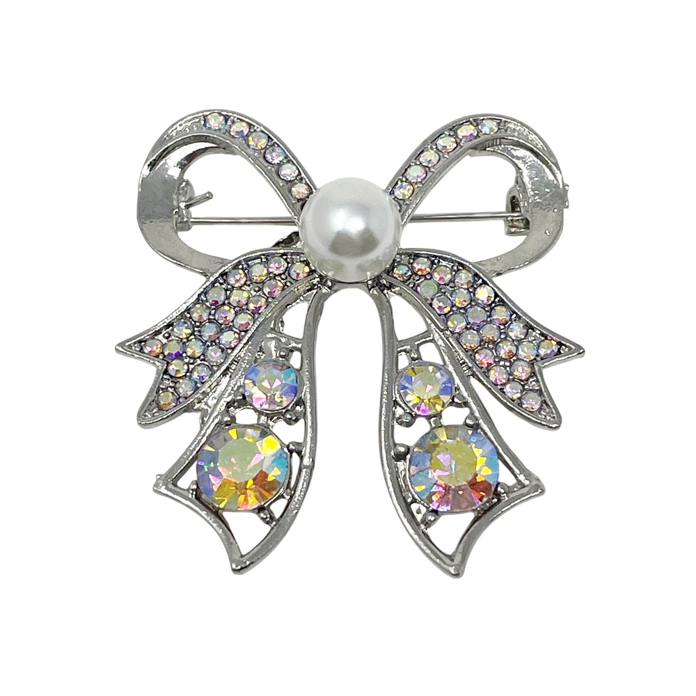 Modern Silver Tone Bow Brooch AB Rhinestone Faux Pearl Center Classic Timeless